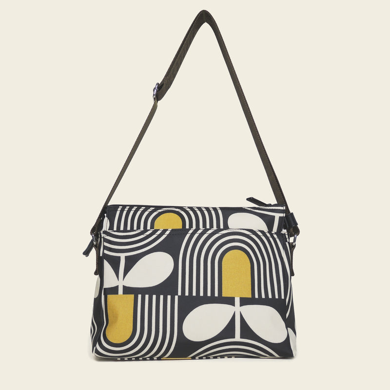 Fielder Crossbody in Giant Striped Tulip Noir pattern by Orla Kiely