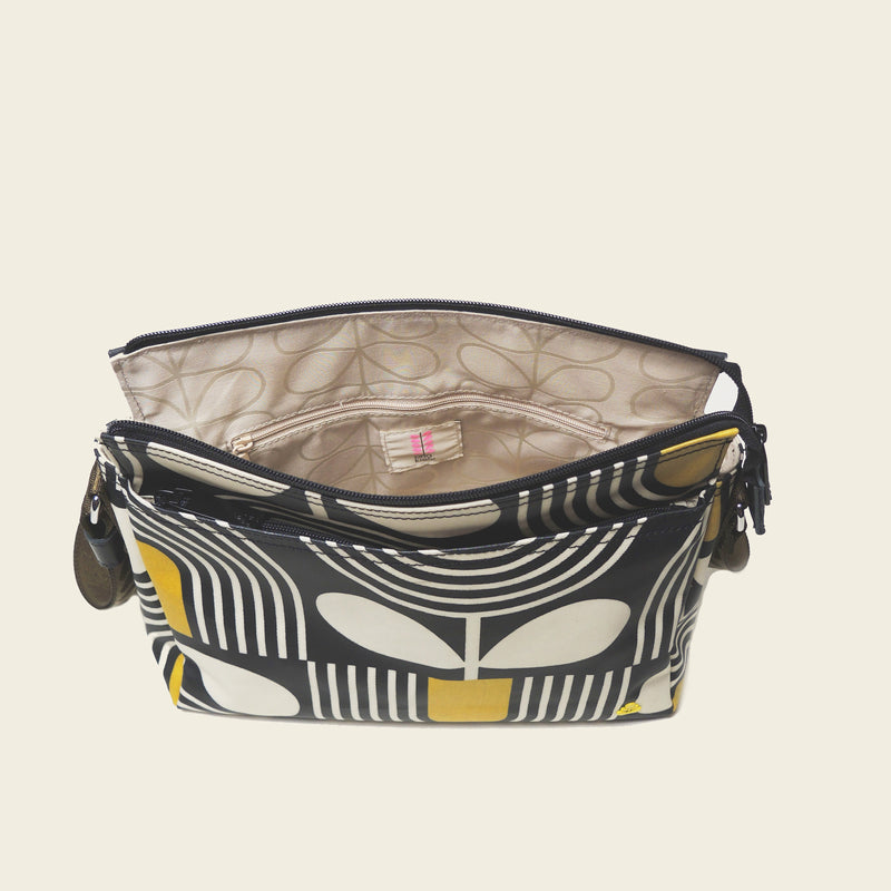 Fielder Crossbody in Giant Striped Tulip Noir pattern by Orla Kiely